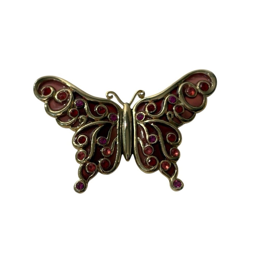 Liz Claiborne Butterfly Brooch Pin Red Pink Rhinestone Enamel Gold Tone LC VTG